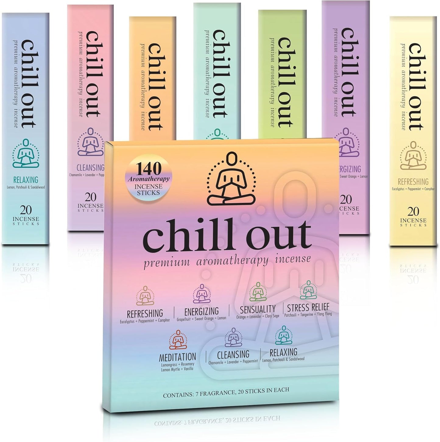 Mecka Chill Out Aromatherapy Incense Sticks Gift Set | Set of 7 Unique Scents- 140 Insence-Sticks for Yoga, Relaxation, Meditation & Positivity | Premium Organic and Slow Burning Insenses