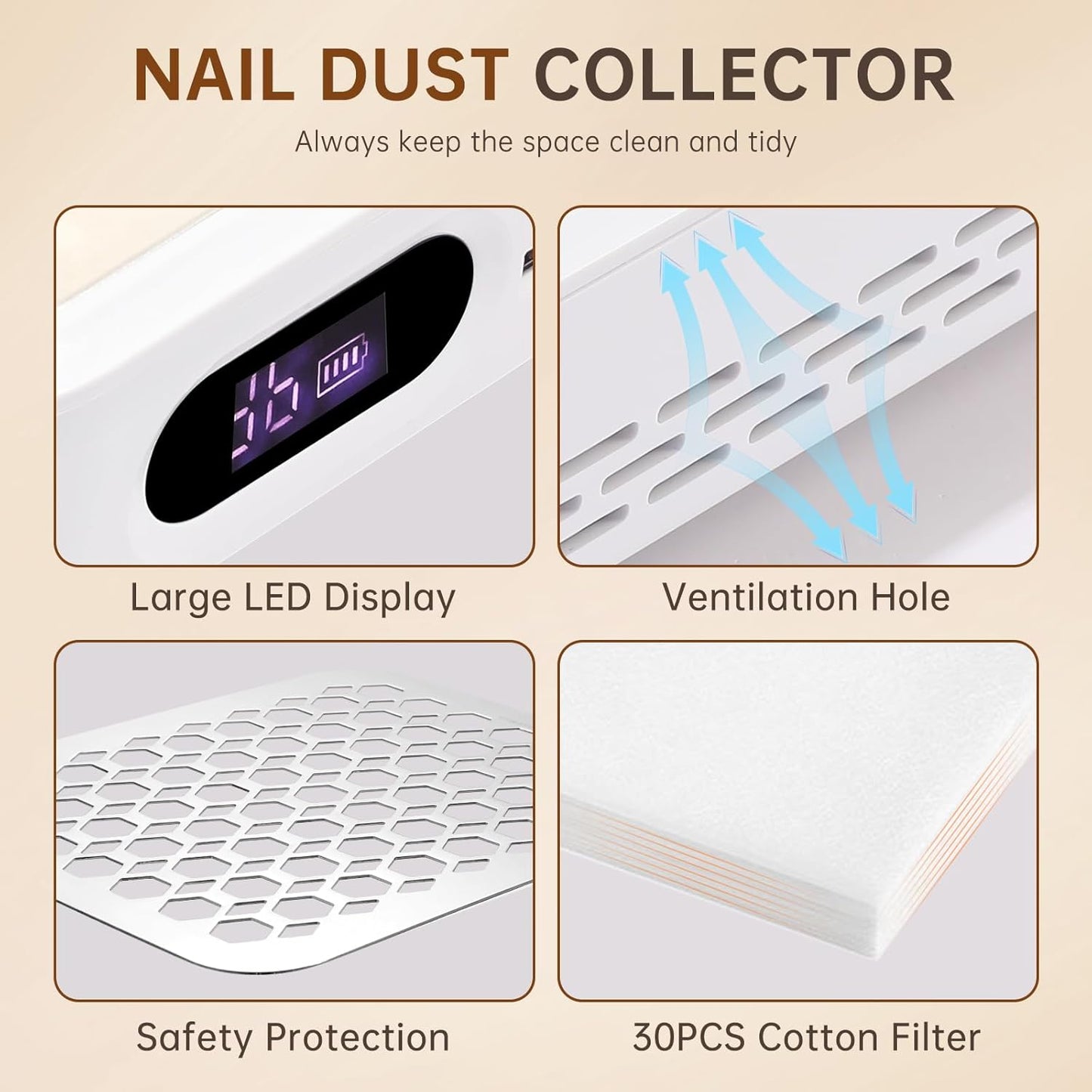 Nail Dust Collector, Rechargeable Dust Collector Nail Tech, Powerful Vacuum Fan Vent Dust Collector Extractor Dust Suction Machine for Acrylic Nails Polishing, Nail Salon&Home
