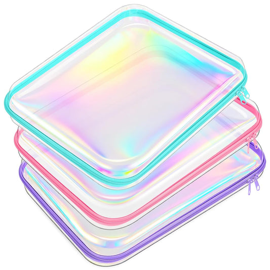 Hoolerry 3 Pcs Clear Hard Zipper Case Plastic Pouch Transparent Hard Case Clear Makeup Bag Portable Travel Organizer Bin for Cosmetics, Building Blocks, Puzzles(Laser,L)