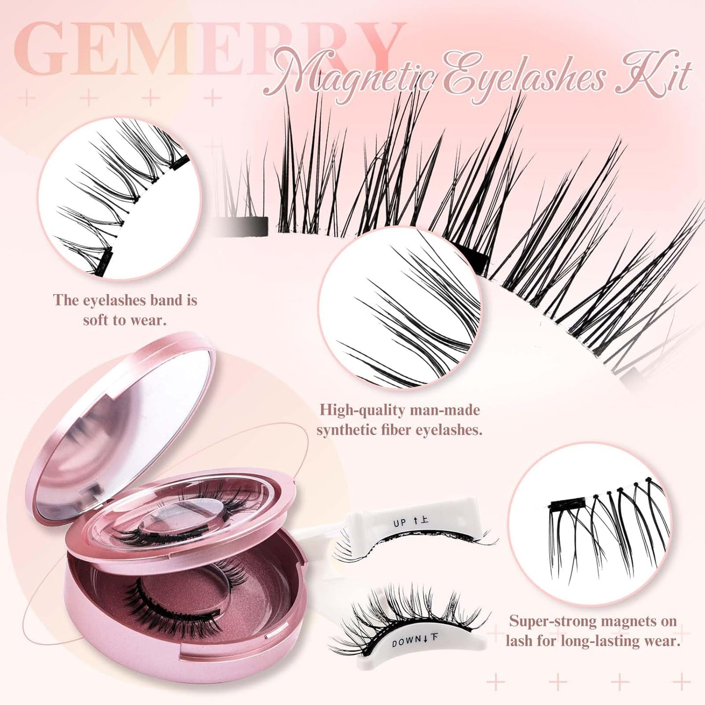 GEMERRY Magnetic Eyelashes with Applicator Magnetic Lashes Natural Look Reusable Soft Strip Lashes No Glue No Eyeliner Needed Lash Applicator Tool Kit Easy to Wear and Remove