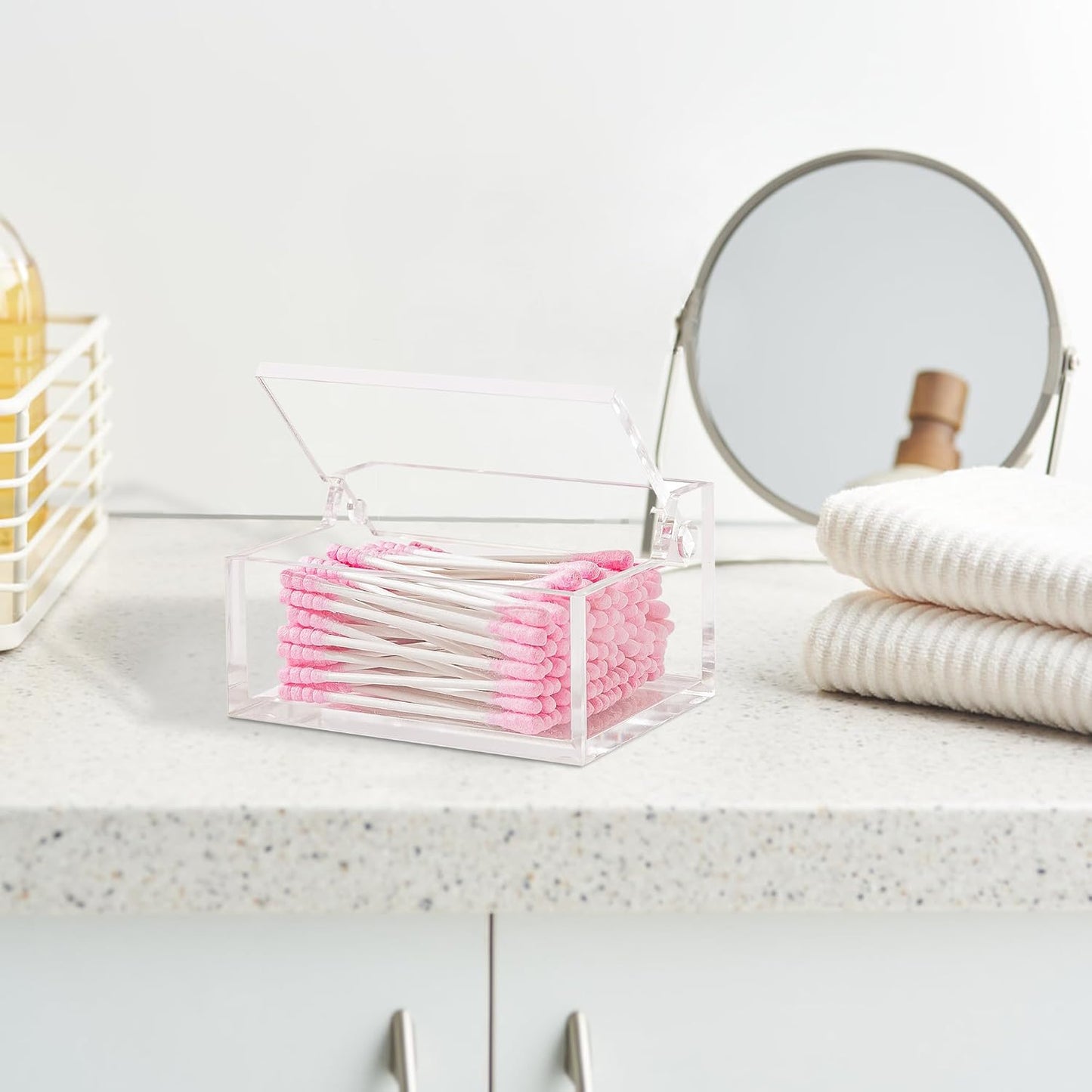 Clear Acrylic Qtip Holder with Lid, Cotton Balls Swab Organizer, 3.9" x 2.8" x 2" Dispenser for Makeup Pad, Floss Picks, Bath Salts, Cosmetic Storage Case, Home Bathroom Decor (DP051)