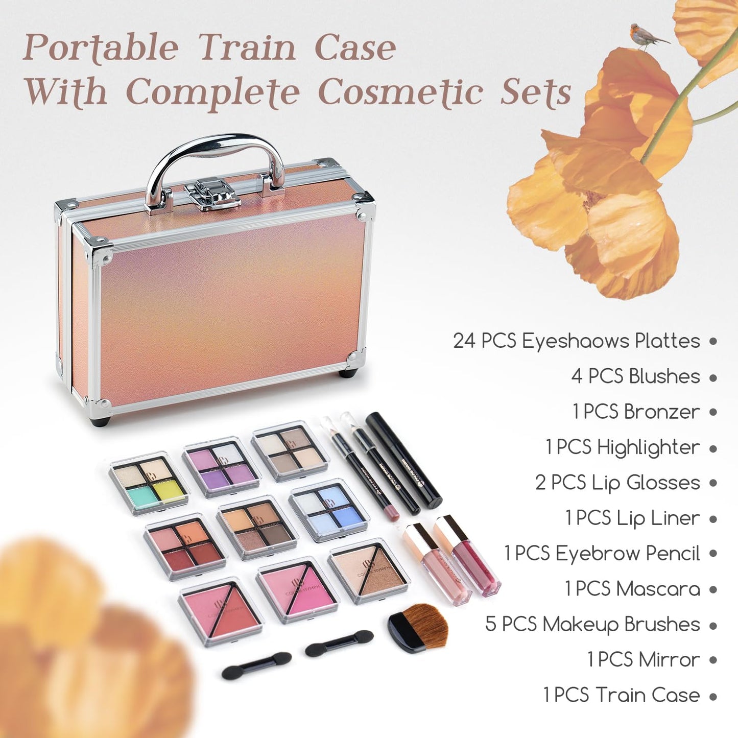Color Nymph Beginner Makeup Kits For Teens With Train Case Included Full Makeup Kit Eyeshadow Palette Blushes Bronzer Highlighter Lipstick Brushes Mirror（Gold）
