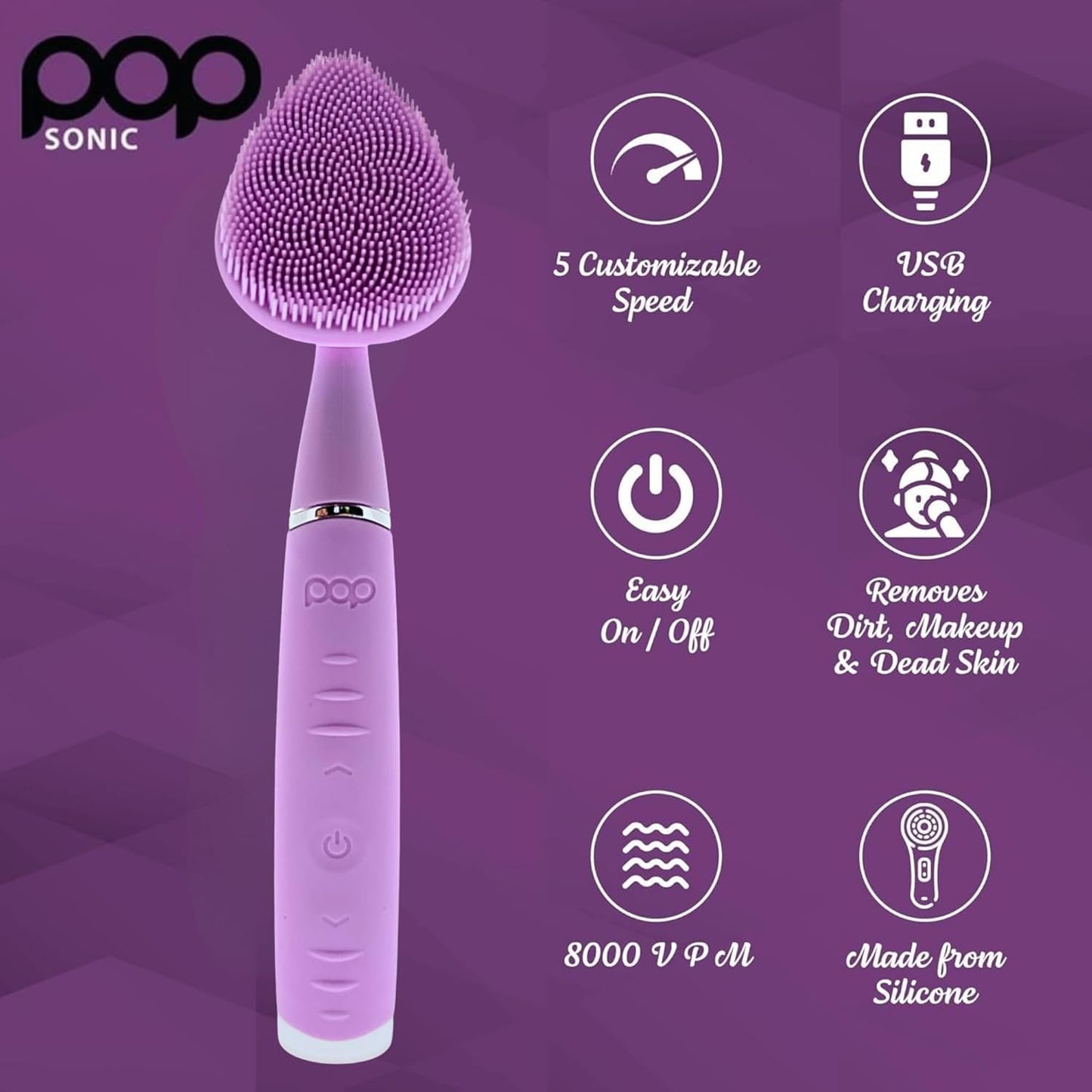 Clover Facial Cleansing Device Lavender Silicone Facial Cleaner & Exfoliator w/ 8000 Vibrations Per Minute, 5 Speeds, USB Rechargeable Face Cleaning Scrubber & Skincare Tool with Case