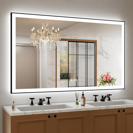 Amorho 60" X36" LED Bathroom Mirror with Black Frame, Front Light and Backlit(Controlled Separately), Stepless Dimmable, Anti-Fog, Shatter-Proof, 3 Colors, Memory