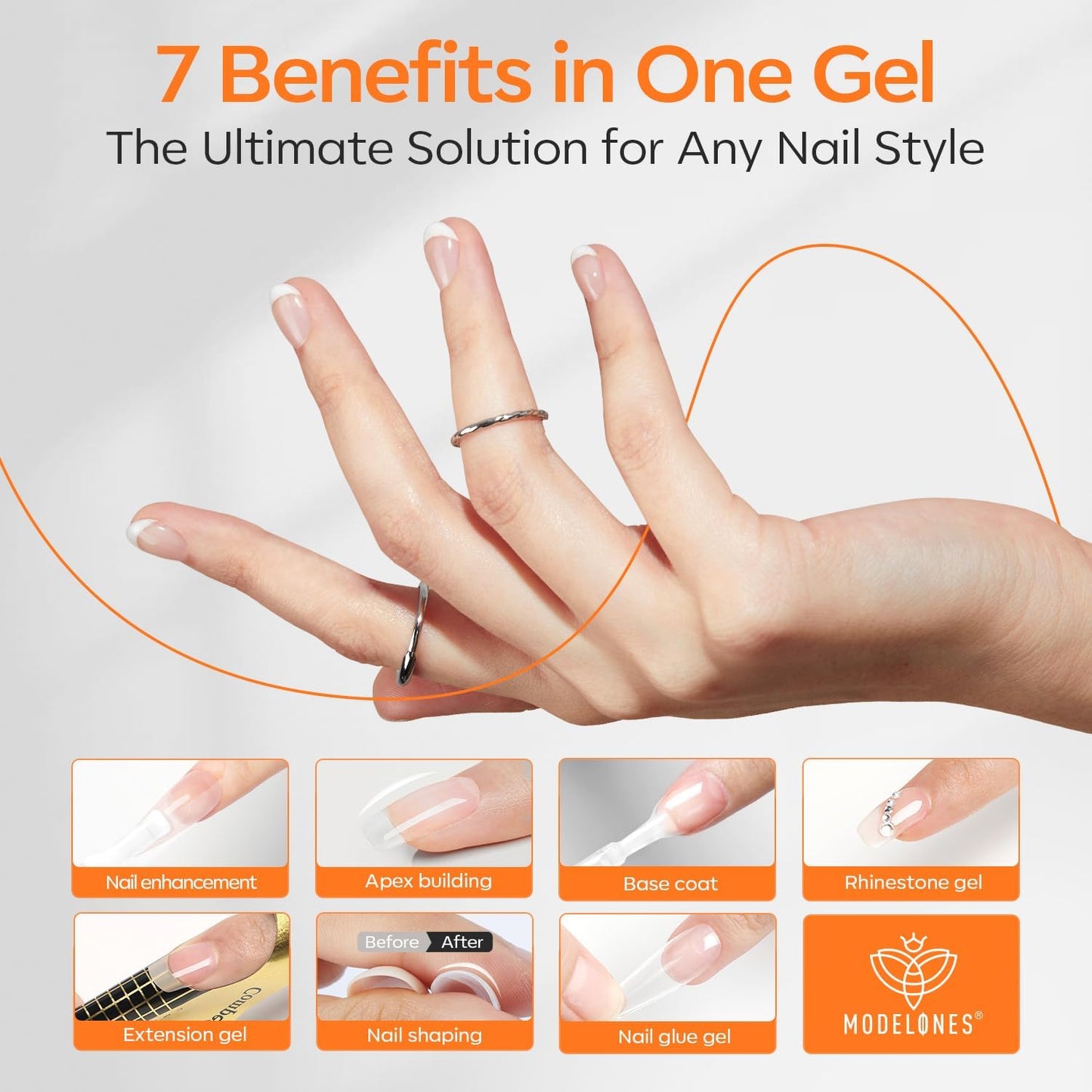 modelones Builder Nail Gel with Gel Top Coat, 8-In-One Clear Builder Acid Free Top Coat for Nail Thickening Apex Building Extension Shine Finish and Long Lasting, LED Lamp Cured 10ml DIY Home Salon