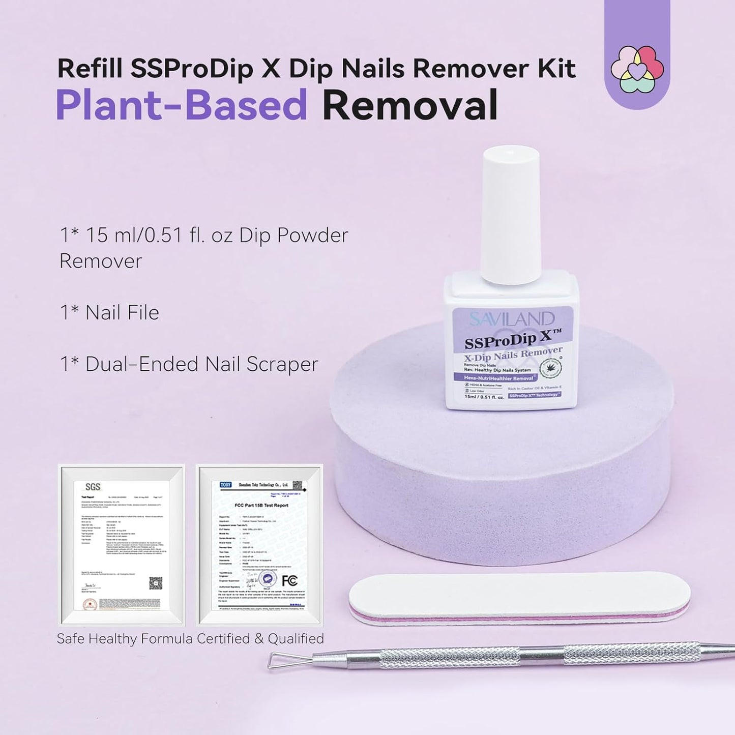 SAVILAND Pro Dip Powder Remover Kit - Gentle & Easy Dip Nail Removal Nail File & Scraper for Home Use, No Need Soaking & Wrapping (0.5 Fl Oz)