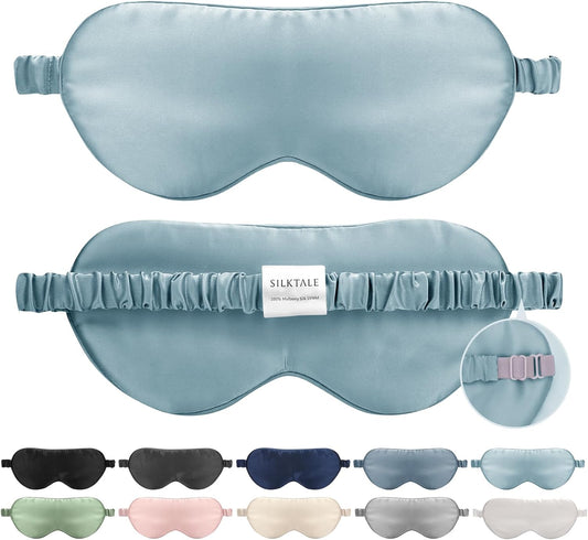 Mulberry Silk Blackout Adjustable Sleep Eye Mask for Men/Women Travel Plane,Pale Blue
