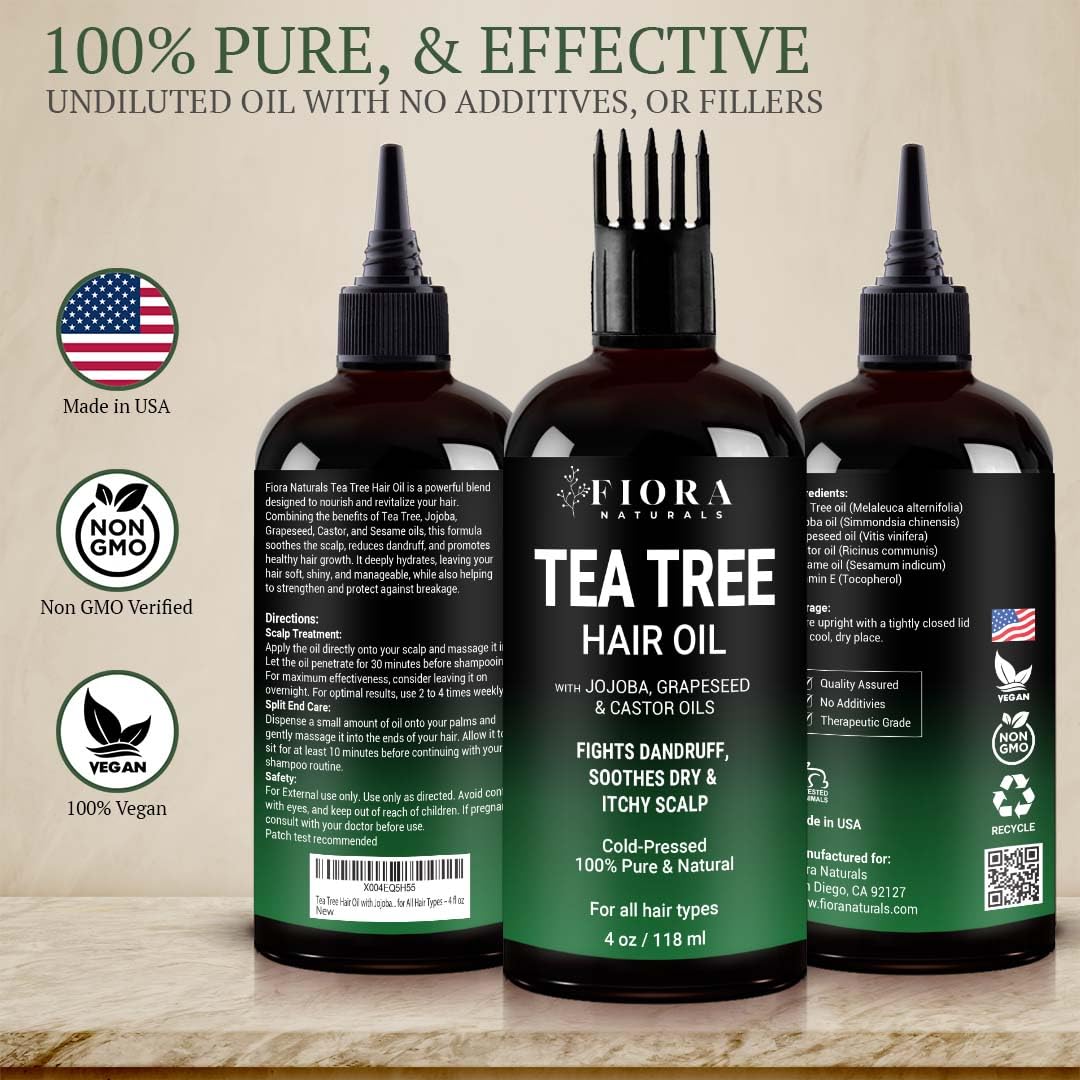 Fiora Naturals Tea Tree Oil for Hair and Scalp - with Jojoba, Grape Seed & Castor Oils - Helps hair growth, Soothes Itchy Scalp & Fights Dandruff - Moisturizes and adds shine - 4 fl oz