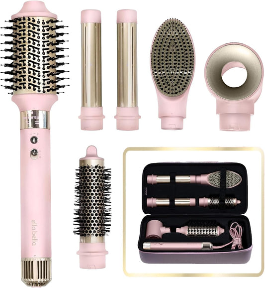 ELLA BELLA® 6 in 1 Professional Hot Air Styler • Powerful Hair Dryer & Straightener Set • Styling Without Heat Damage • Fast Drying Curling Volumizing Straightening • Protective Travel Case (Pink)