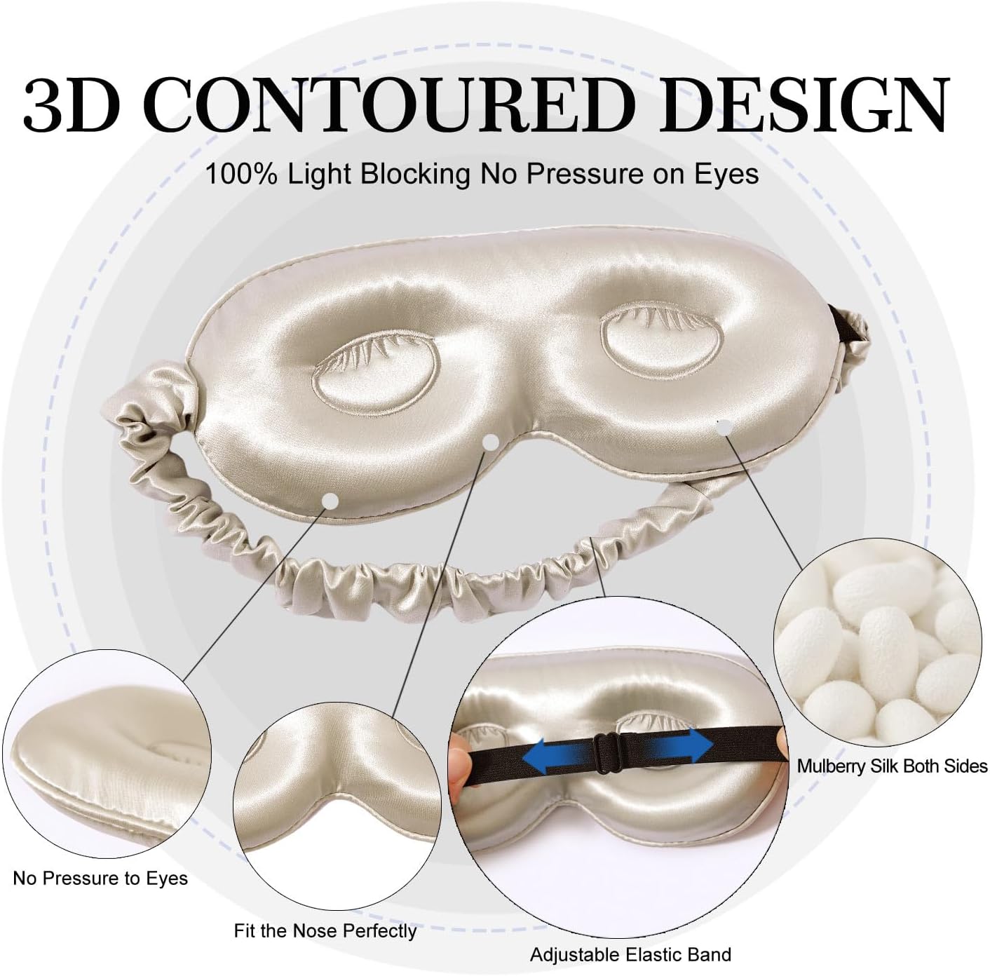 ZIMASILK Adjustable 22 Momme 100% Pure Mulberry Silk Sleep Mask, 3D Contoured Cup Eye Mask for Sleeping, Super Soft Breathable Blindfold, Perfect Blocks Light for Sleeping. (Beige)