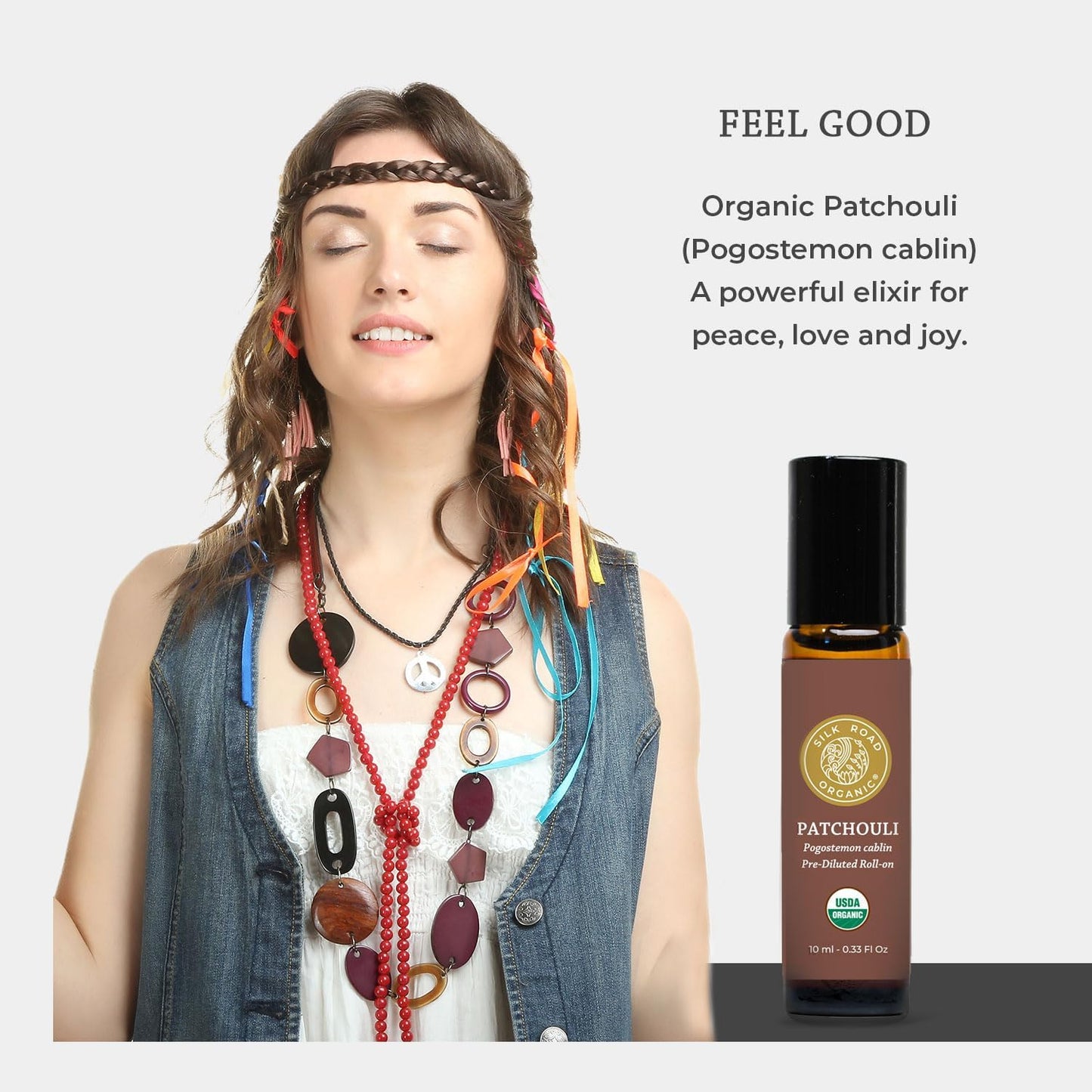 Silk Road Organic Patchouli Essential Oil Roll On, 100% Pure USDA Certified Aromatherapy - Uplift Mood, Enhance Attraction, Rejuvenate & Nourish Skin - 10 ml Roller