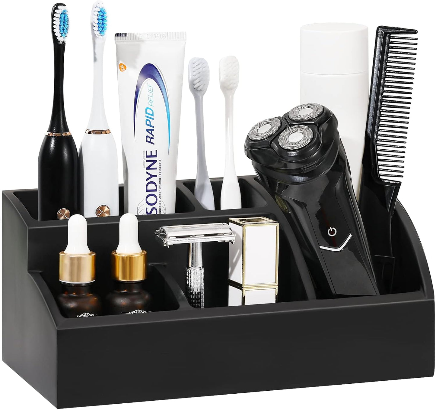 Luxspire Bathroom Counter Organizer, Toothbrush Holder for Bathroom 5 Slot, Large Bathroom Countertop Organizer Storage Marble Bathroom Accessories for Toothbrush Toothpaste, Matte Black