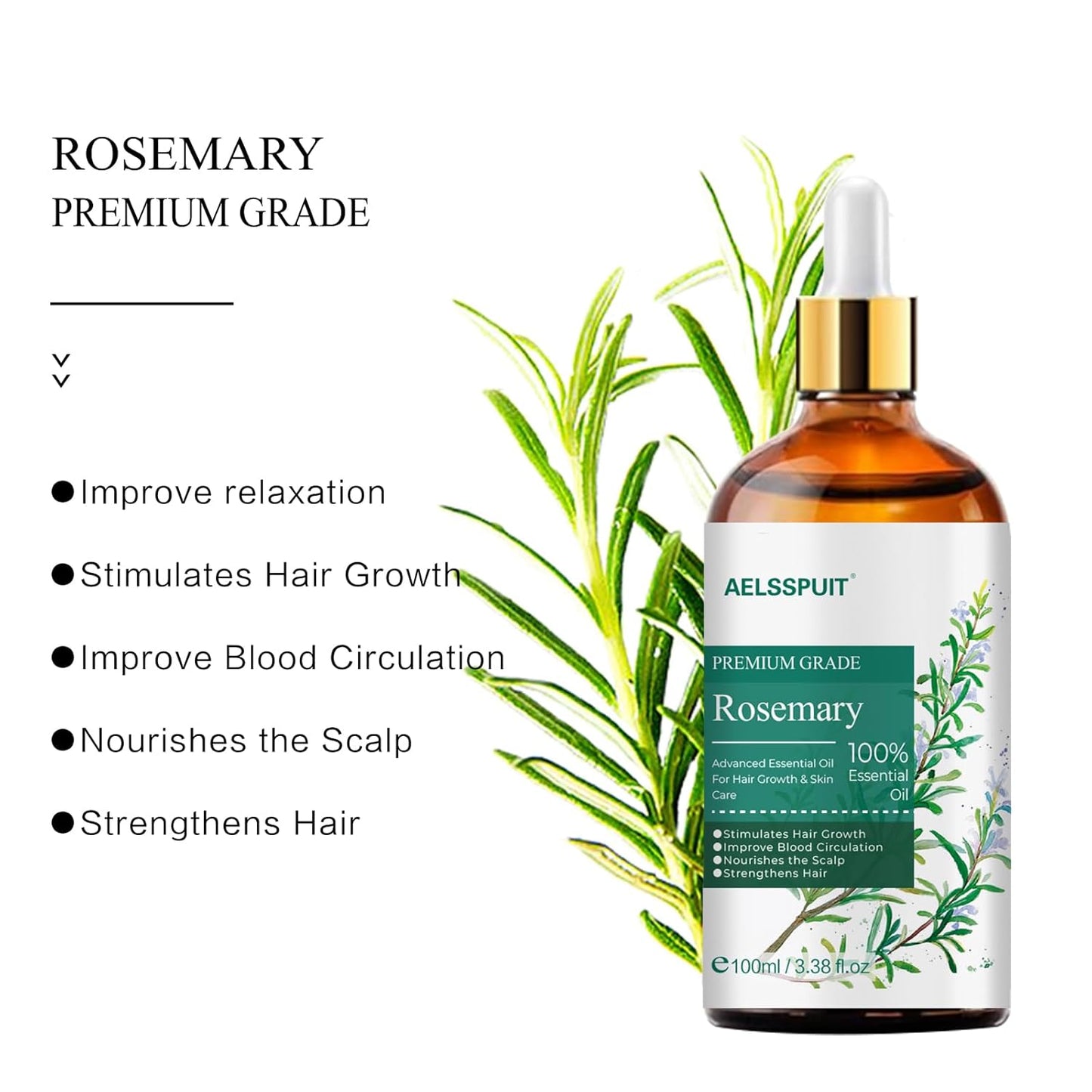 Rosemary Essential Oil for Hair Growth & Scalp Care - 3.38 Fl Oz (100ml) 100% Pure Organic Cold Pressed Oil in Glass Bottle - Aromatherapy Diffuser, Skin & Nail Treatment(Large, Rosemary)