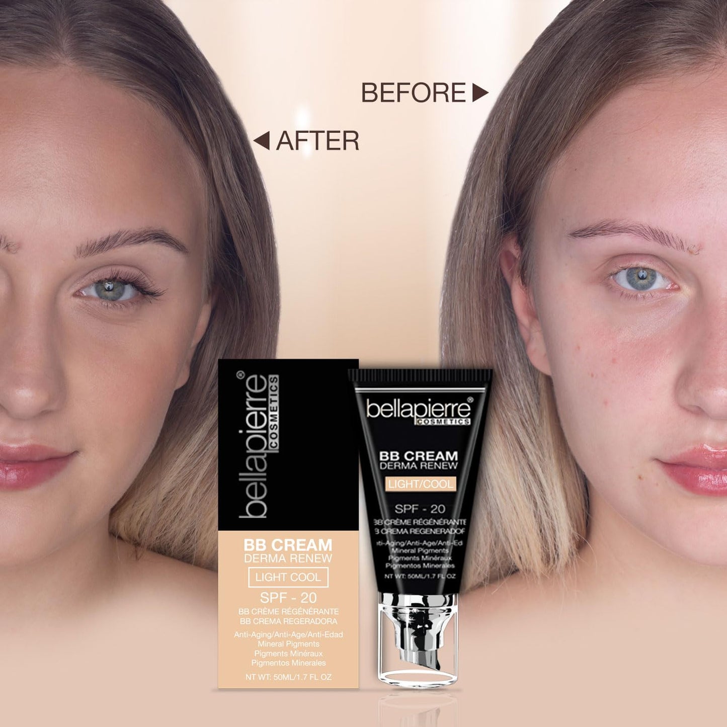 bellapierre BB Cream with SPF 20 - Tinted Sunscreen, Concealer, Matte Foundation, & Moisturizing Face Cream | Lightweight Formula + Pump Top Applicator | Non-Toxic & Paraben Free | 1.7 Oz - Light Cool