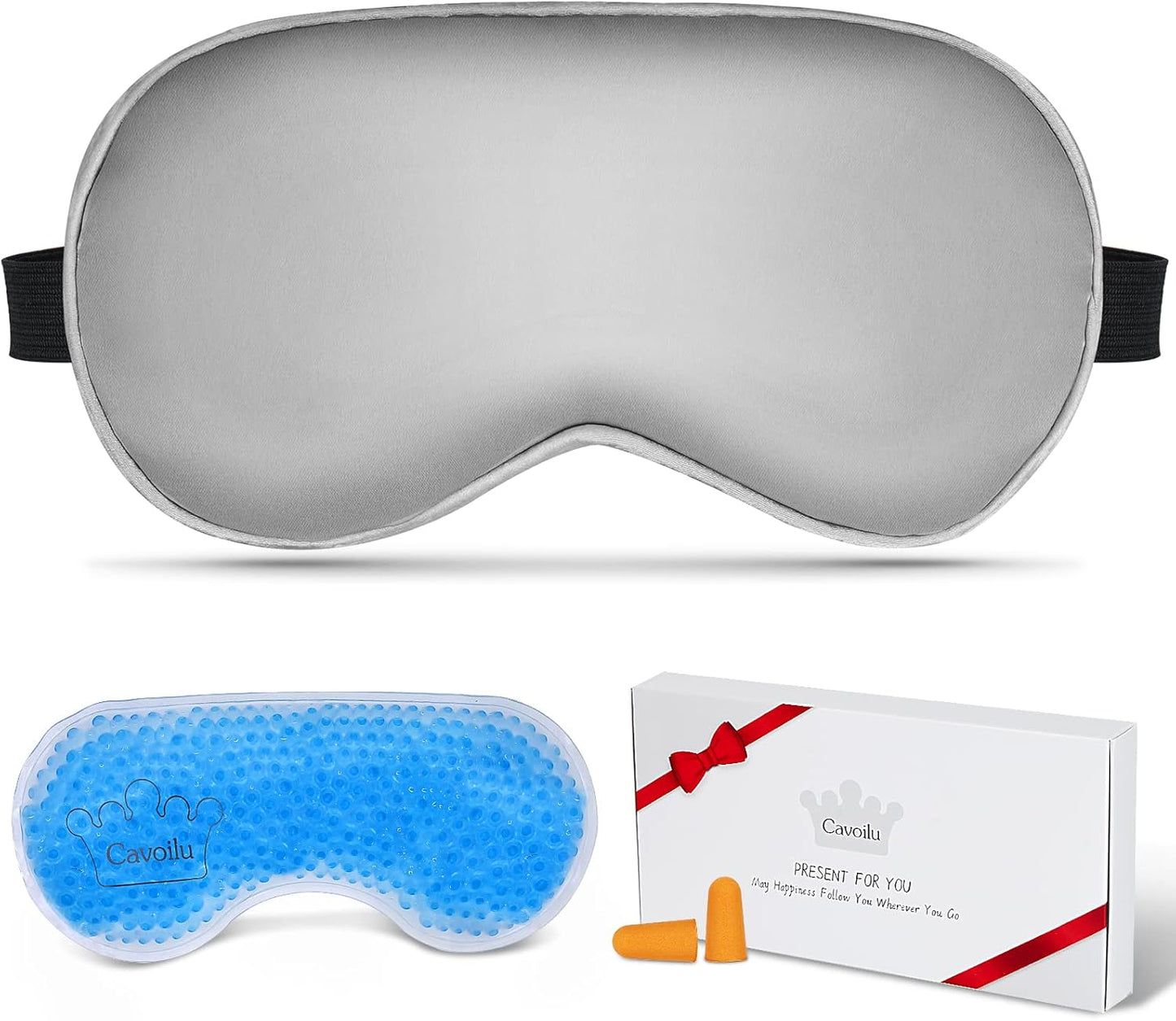 Sleep Mask w/ Cooling Gel Eye Mask, Silk Eye Mask for Sleeping, Hot & Cold Eye Masks, Blindfold Eye Cover Sleeping Mask for Home Office Travel, Yoga, Stocking Stuffers for Men Women (Grey)