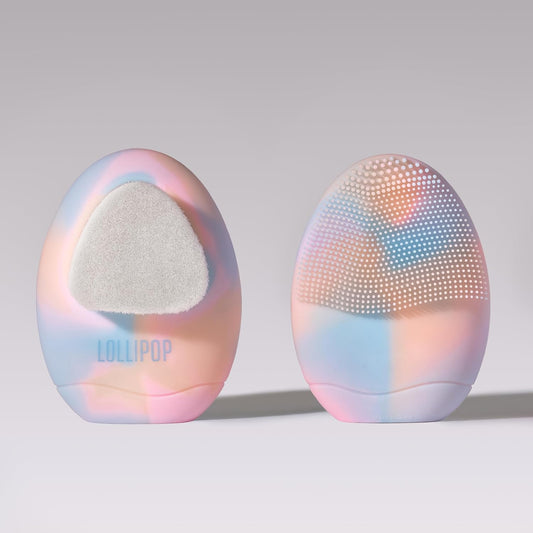 LOLLIPOP Dual-Sided Facial Cleansing Brush | Palm Size Silicone Face Exfoliator and Soft Fiber Cleanser | Manual Face Scrubber for Pores, Makeup Removal, Blackhead and Skincare Routine, Rainbow