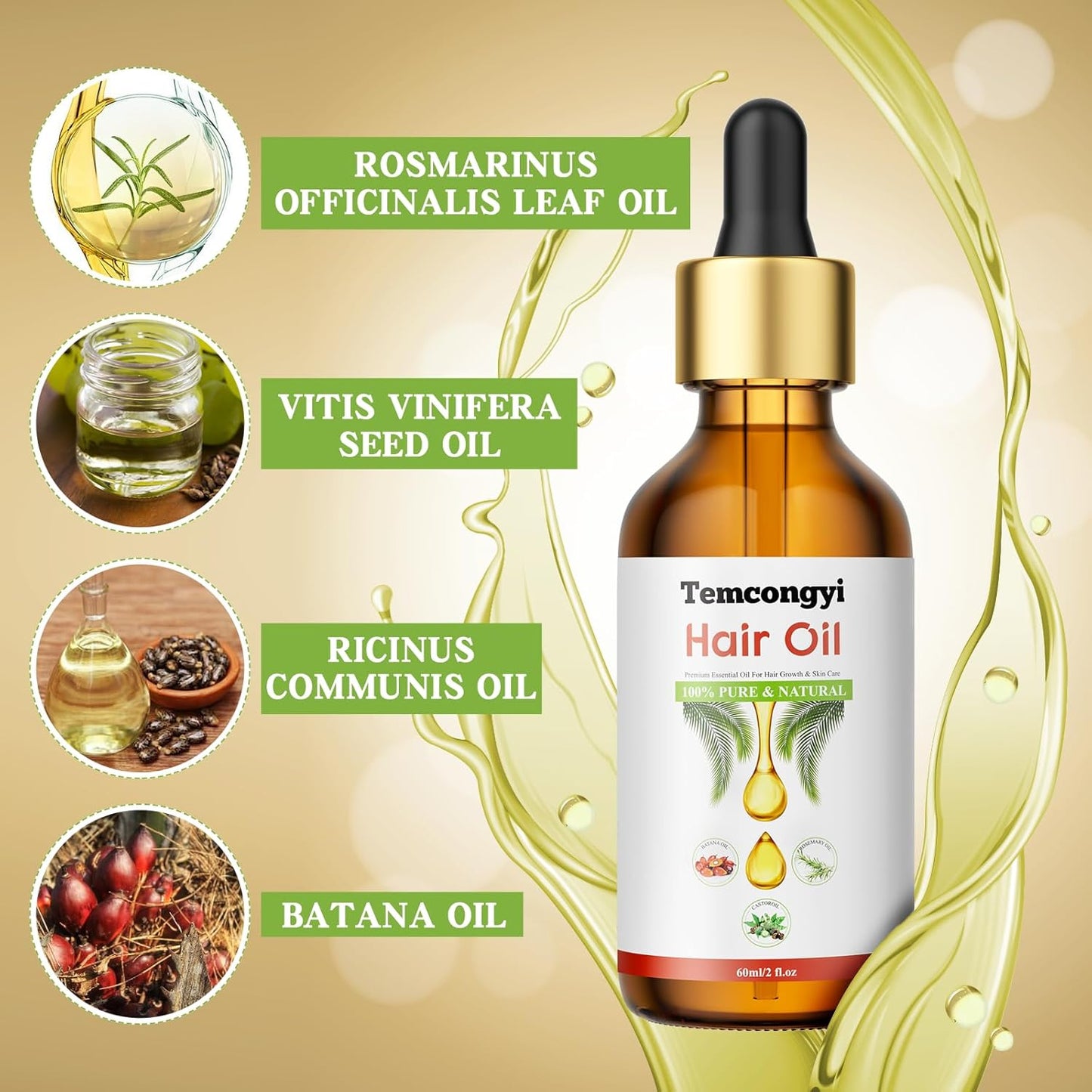 Rosemary hair oil, containing castor oil, batana oil, peppermint oil, promotes hair growth and prevents hair loss in men and women