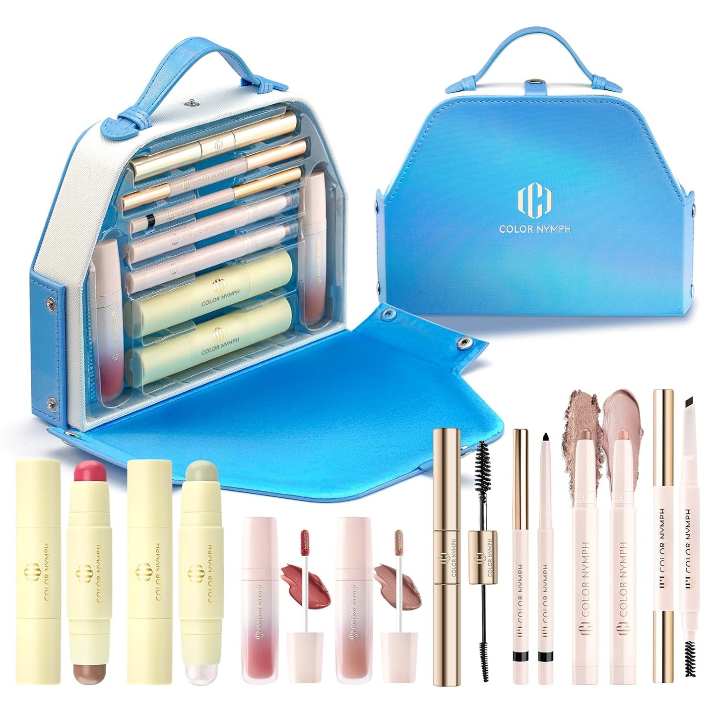Color Nymph Makeup Kit for Girls Beginner Makeup Gift Set with Portable Bag Include 2 Color Lip Gloss, Eyeshadow Pen, Blush & Contouring, Highlight, Mascara, Eyebrow Pencil