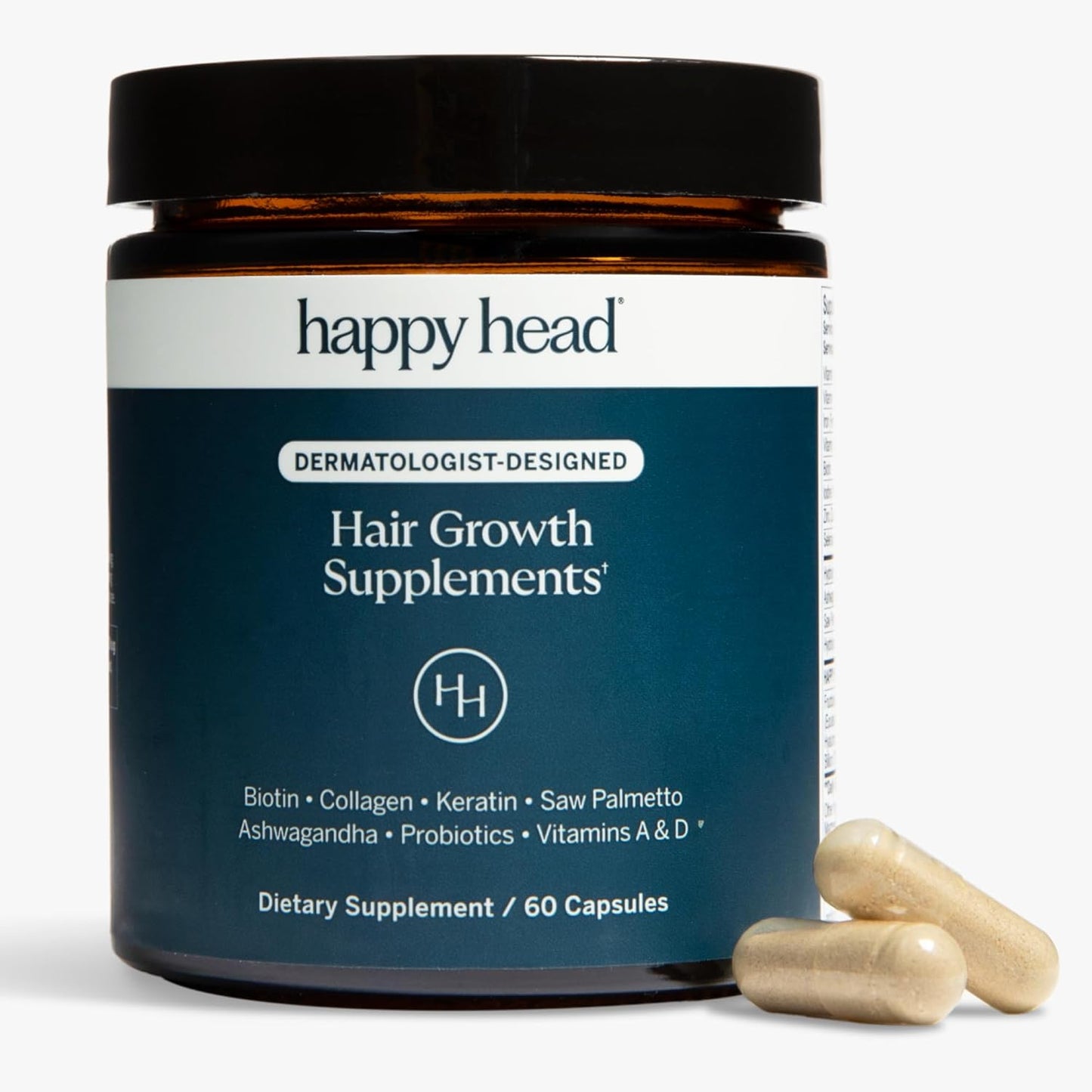 Happy Head Hair Growth Supplement for Men and Women – Thicker, Fuller Hair with Saw Palmetto, Ashwagandha, Biotin, Collagen, Keratin, Probiotics & Vitamins A & D – One Month Supply – 60/ct