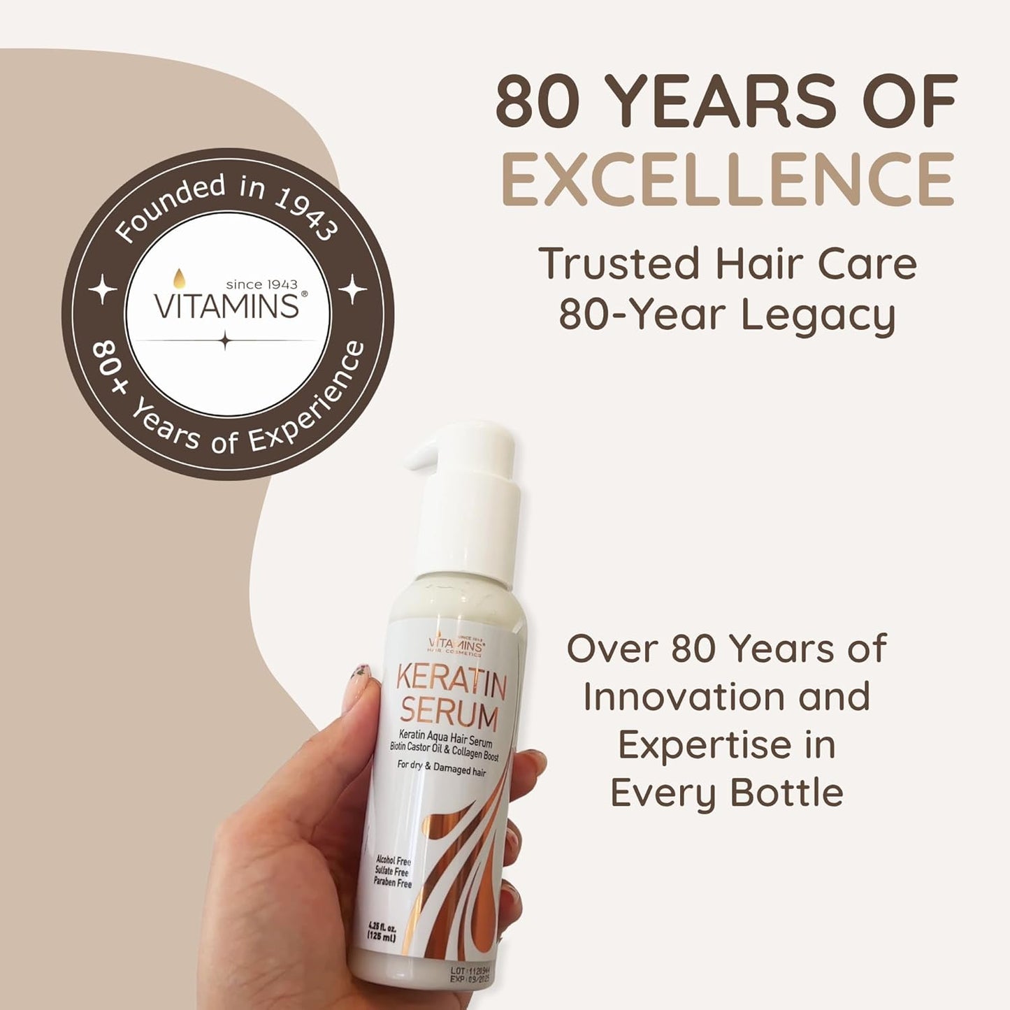 VITAMINS hair cosmetics Keratin Hair Serum for Frizzy and Damaged Hair - Anti Frizz Serum with Biotin, Castor Oil & Collagen for Heat Protection, Shine and Gloss Treatment - 4.25 Fl Oz