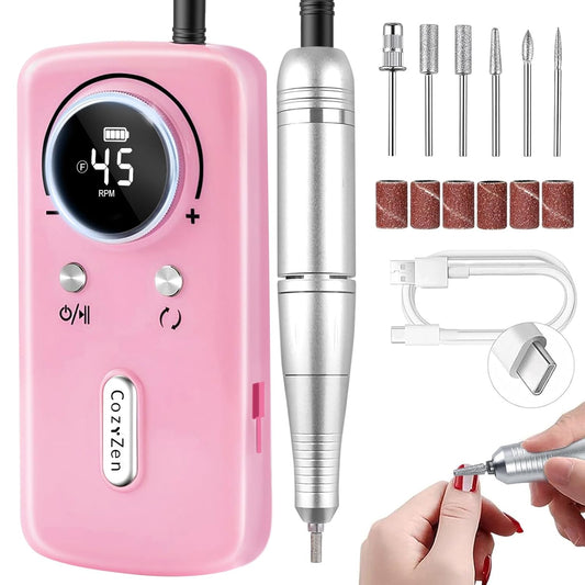 CozyZen Cordless Nail Drill Professional: 45000 RPM Rechargeable Electric Nail File Kit, Portable & Low Noise for Acrylic, Gel Nails, Manicure & Pedicure - Salon & Home Use