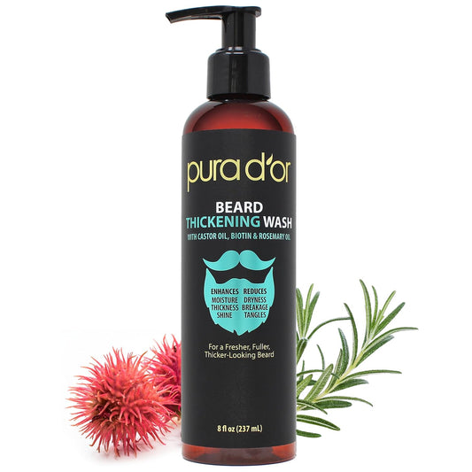 PURA D'OR 8 Oz Thickening Beard Wash - Biotin & Castor Oil Formula with Rosemary - Helps Enhance Moisture, Thickness & Shine, Helps Reduces Dryness & Breakage - For Men