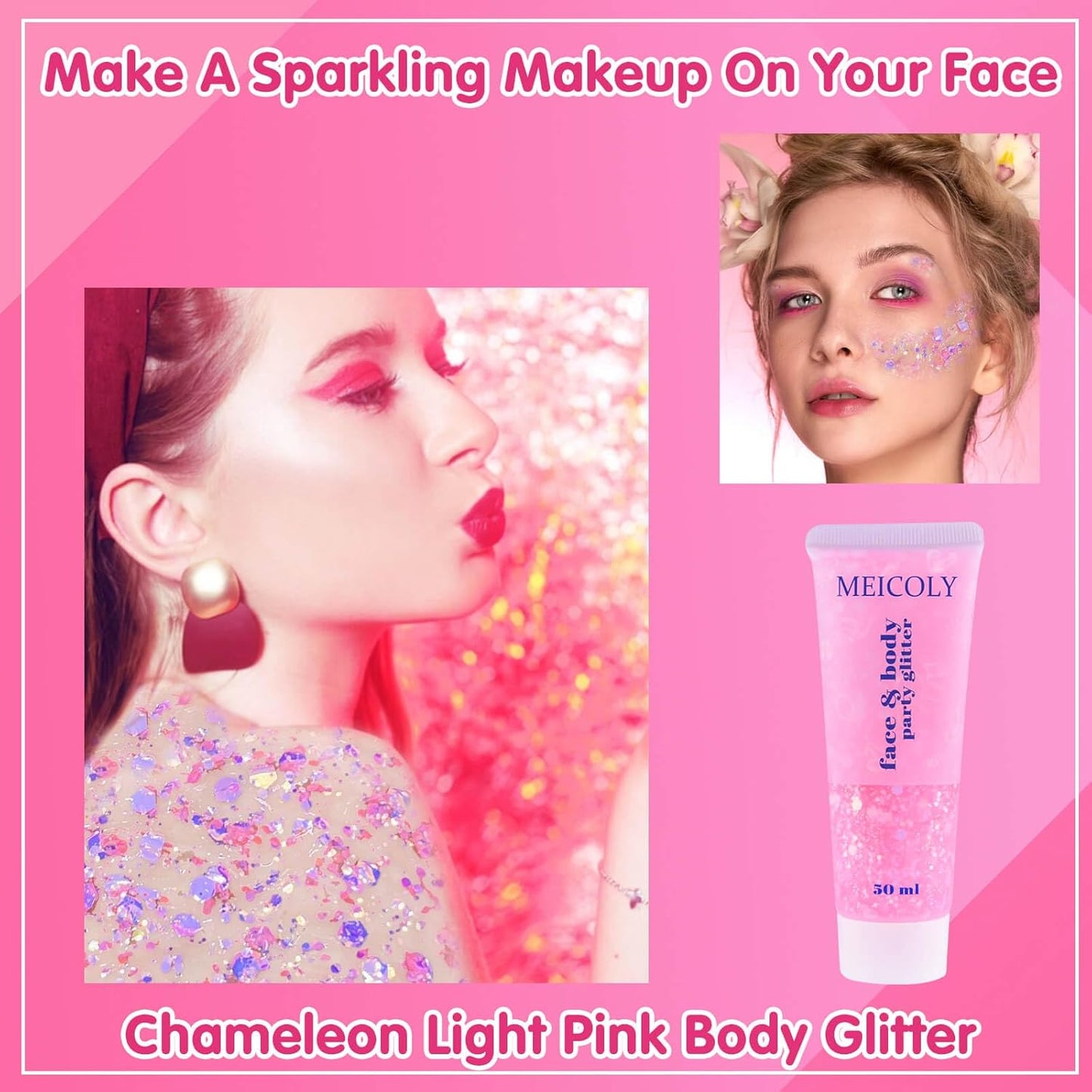 MEICOLY Chameleon Light Pink Body Glitter,Chunky Face Glitter for Halloween,Color Changing Mermaid Face Glitter Gel,Holographic Glitter Sequin for Face Body Hair,Festival Party Cheer Glitter Makeup