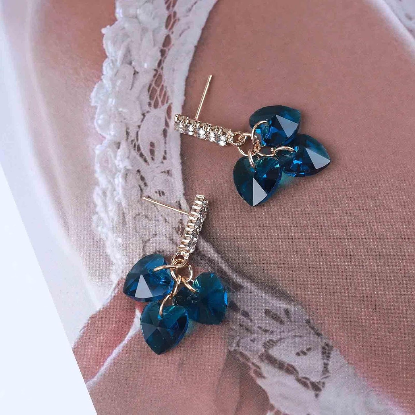 Boho Sapphire Tassel Earrings Blue Crystal Heart Earrings Gold Cz Bar Stud Earrings Blue Cz Heart Drop Earrings Blue Rhinestone Earrings Jewelry for Women