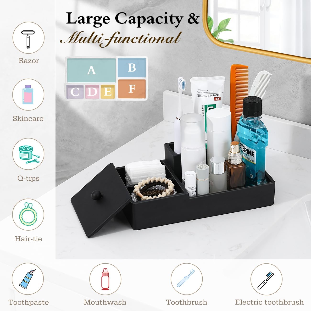 Luxspire Bathroom Counter Organizer - 5 Slot Toothbrush Holder with Lid for Cotton Balls, Q-Tips, Floss - Matte Black