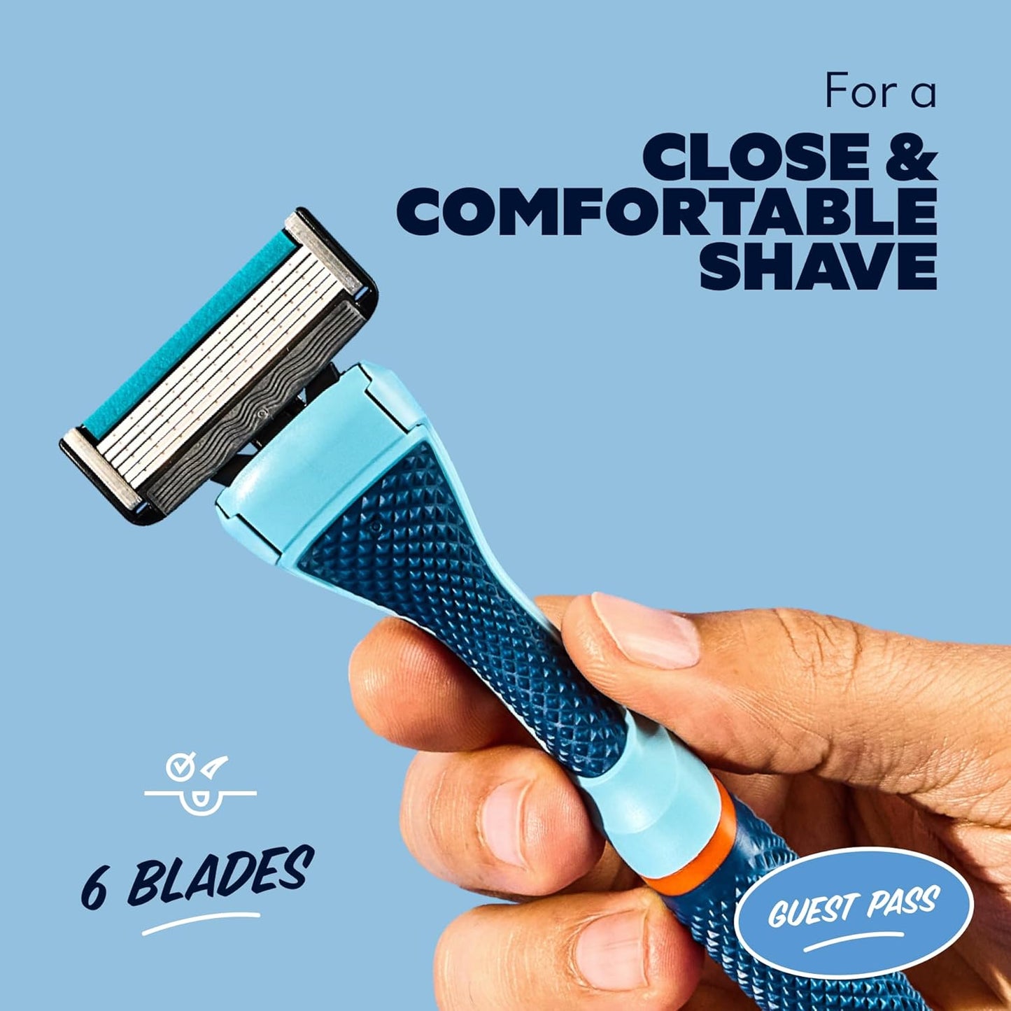 Dollar Shave Club | The Guest Pass Shave Set | 2 Extra Close Refill Cartridges, 1 Handle (Blue), 1 Razor Cover, Razors for Men