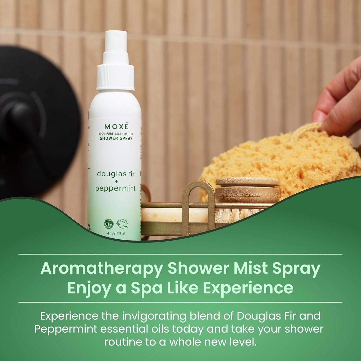 MOXE Aromatherapy Shower Spray - Douglas Fir & Peppermint, 100% Essential Oils, Made in USA, Aromatherapy, Sinus Congestion Relief, Respiratory Support, 4 Oz (1 Pack)