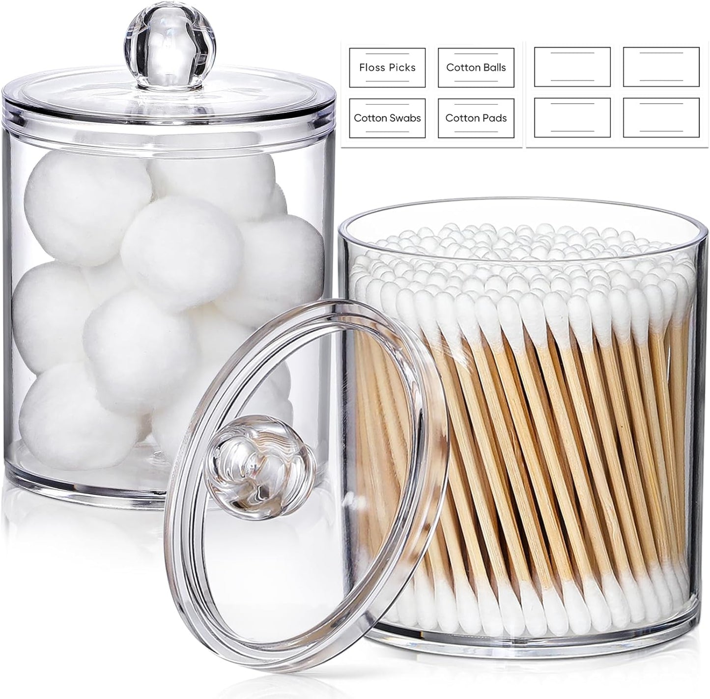 2 Pack Acrylic Qtip Holder Dispenser for Cotton Swabs, Balls, Pads, Floss Picks- Small Clear Plastic Canister Apothecary Jar Set, Bathroom Essentials Accessories Decor, Vanity Makeup Storage Organizer