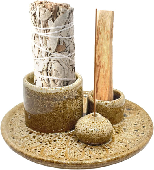 Palo Santo Holder - 4 in 1 Incense & Candle Holder - Ceramic Incense Holder Ash Catcher Tray for Meditation Room - Easy to Clean (Brown White)