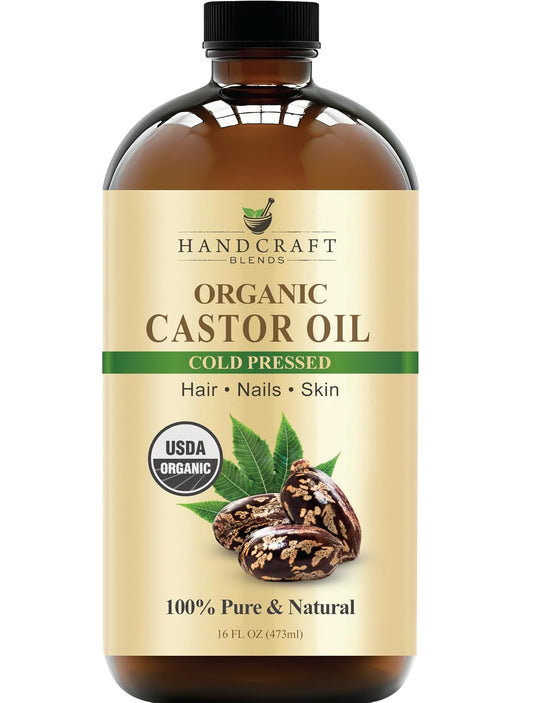 Handcraft Blends Cold-Pressed Organic Castor Oil in Glass Bottle - 16 Fl Oz - 100% Pure and Natural - Premium Grade Carrier Oil for Hair Growth, Eyelashes and Eyebrows - Hair and Body