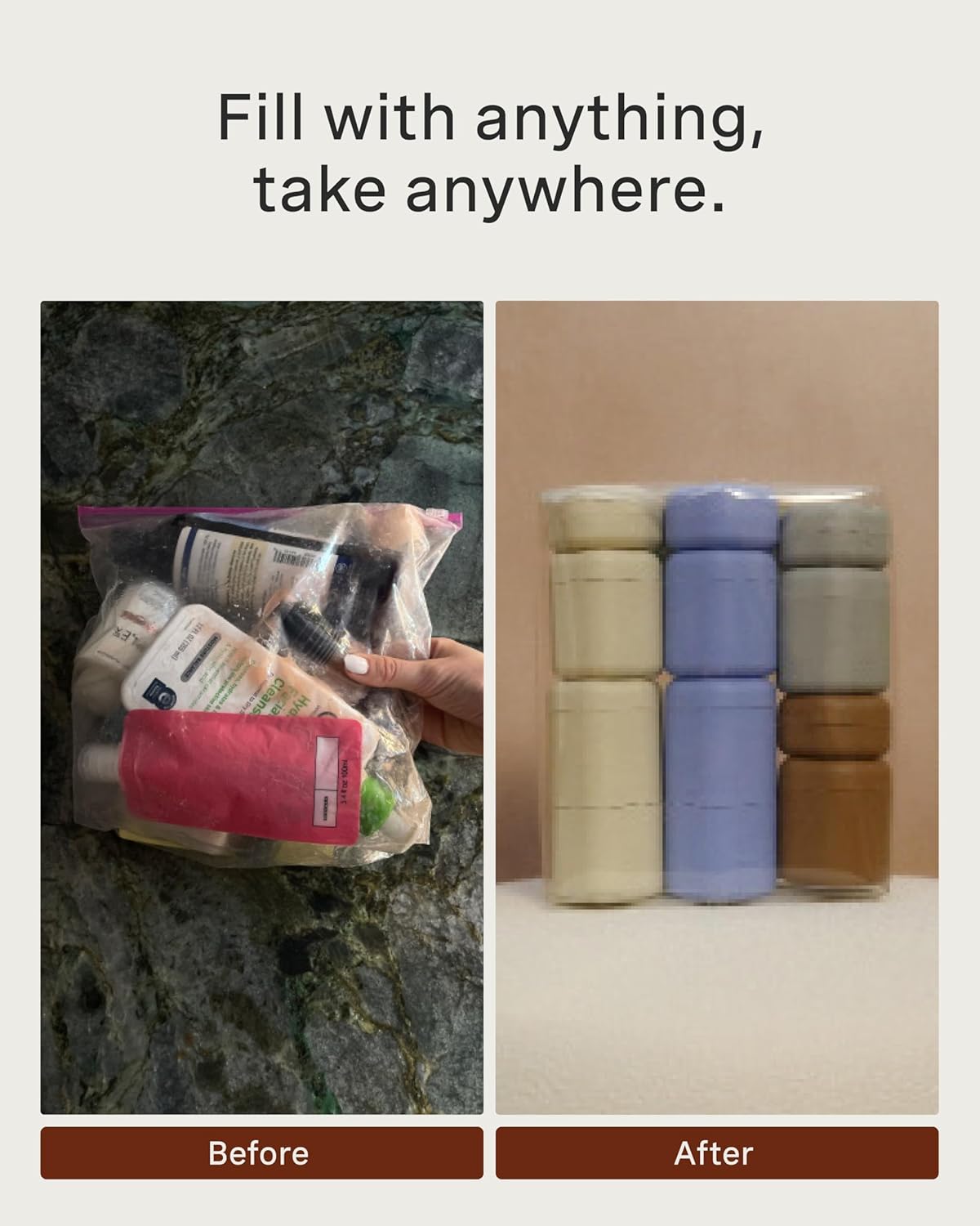 Cadence Travel Containers - Full Skincare Set - Magnetic Containers with Lids,Carry On Travel Essentials For Women/Men - 2 Small (0.56oz), 4 Medium Capsules (1.32oz), & Extender (1.43oz) - Sand