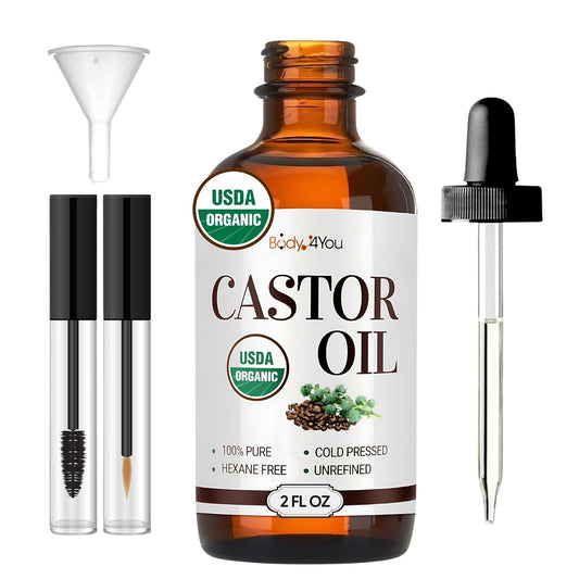 BodyJ4You Castor Oil Eyelashes Eyebrows - 100% Pure Natural USDA Organic Cold Pressed - Hydrating Skin Hair Growth Oil Lashes Scalp - Non-GMO Hexane Free Carrier Unrefined (2 Fl Oz (60 ml) - KIT)