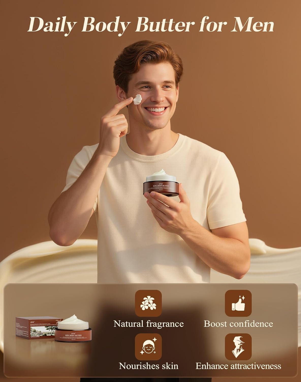 King Body Butter for Men, Mixed Woody Fragrance & Orange Blossom, Warm and Sensual Scent, Organic Shea & Jojoba Seed Oil, Moisturizing Formula with All-Day Fragrance,3.52oz, Enhance Attractiveness