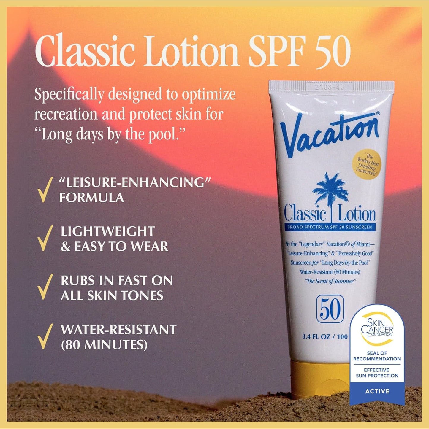 Vacation Classic Sunscreen Lotion SPF 50, Water-Resistant, Lightweight, Transparent on All Skin Tones, Dermatologist-Tested, Vegan, Travel Size, 3.4 Fl. Oz. (Value Pack of 3)