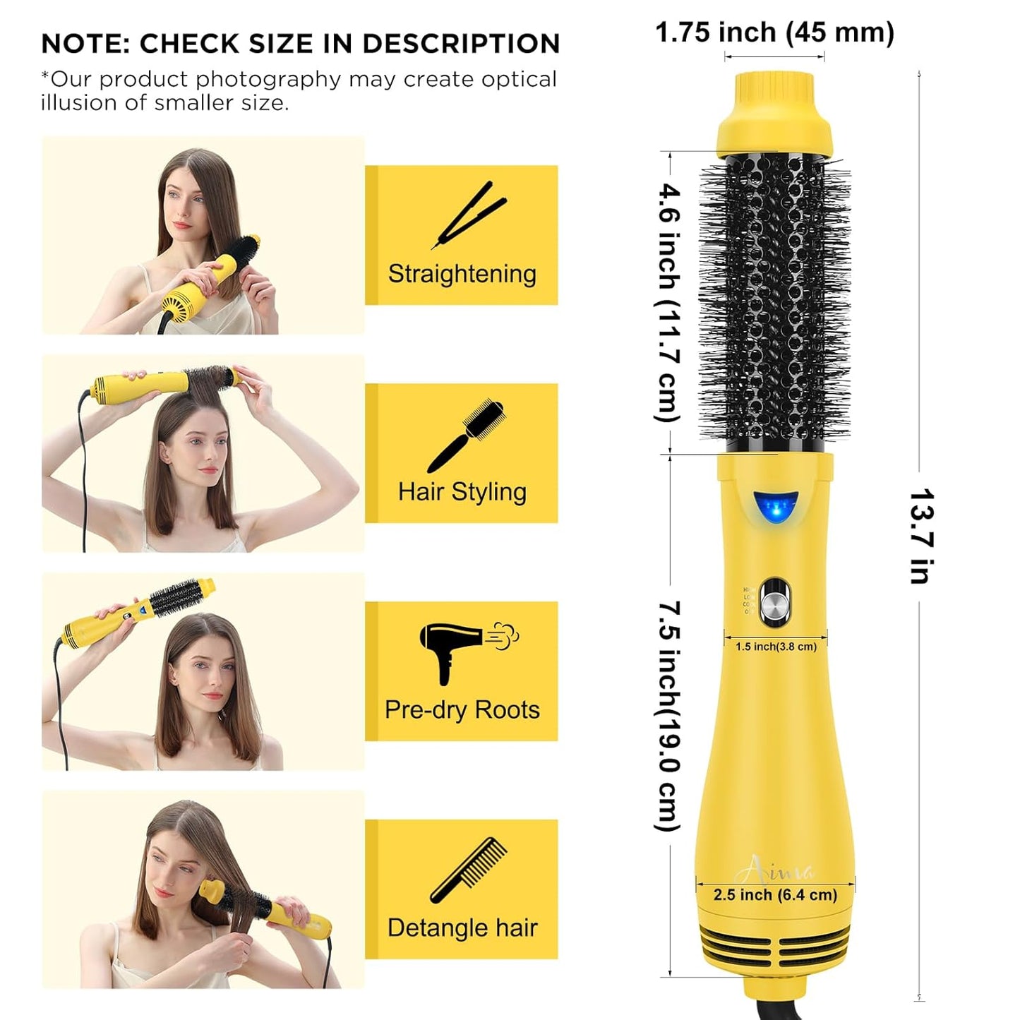 Hair Dryer Brush, Aima Beauty 4-in-1 Upgrade Hot Air Straightener Curler Function for Women, Hair Styling Tools, Yellow-Round