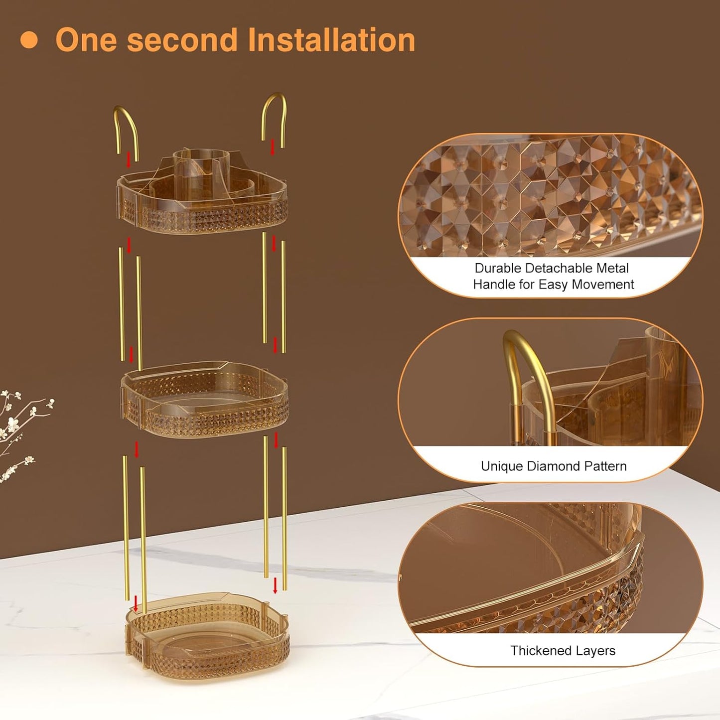 Awenia Rotating Makeup Organizer 360, Stackable Adjustable Large Capacity Cosmetic Storage Unit,Dresser Bathroom Kitchen Countertop Organizer with Metal Handle, Plus Size (Honorable Gold, 3 Tier)