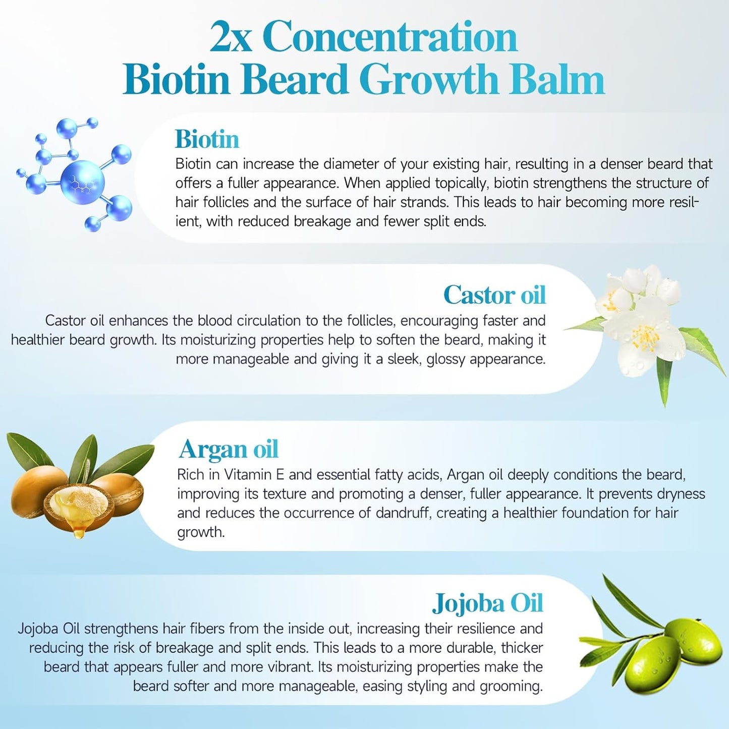 Biotin Beard Balm for Men & Conditioning Beard Wax - Made with Castor Oil Natural and Organic Ingredients - Hydrates & Thickens Facial Hair Growth- 2 Ounce Tin