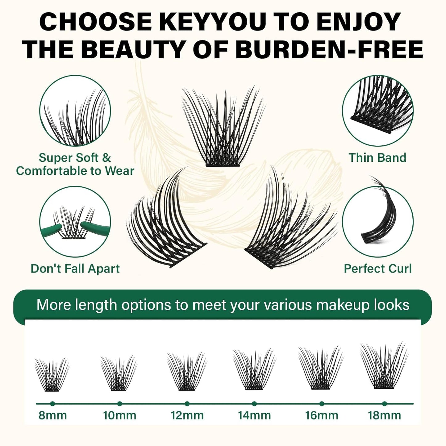 KEYYOU Lash Clusters 144pcs Individual Lashes D Curl 16mm Eyelash Clusters Super Lightweight Air Touch Cluster Lashes Soft&Wispy Comfortable Easy to DIY at Home(Air04-D-16mm)