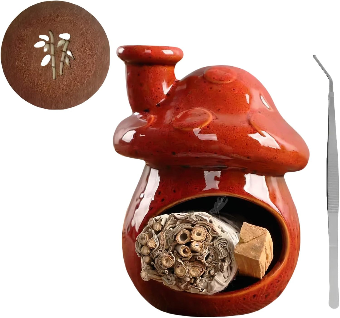 Mushroom Incense Holder, Red Ceramic Palo Santo Holder Burner & Sage Holder - Mini Tabletop Chiminea Burner Tray with Ash Catcher, Cute Mushroom Decorations for Spiritual Meditation & Yoga