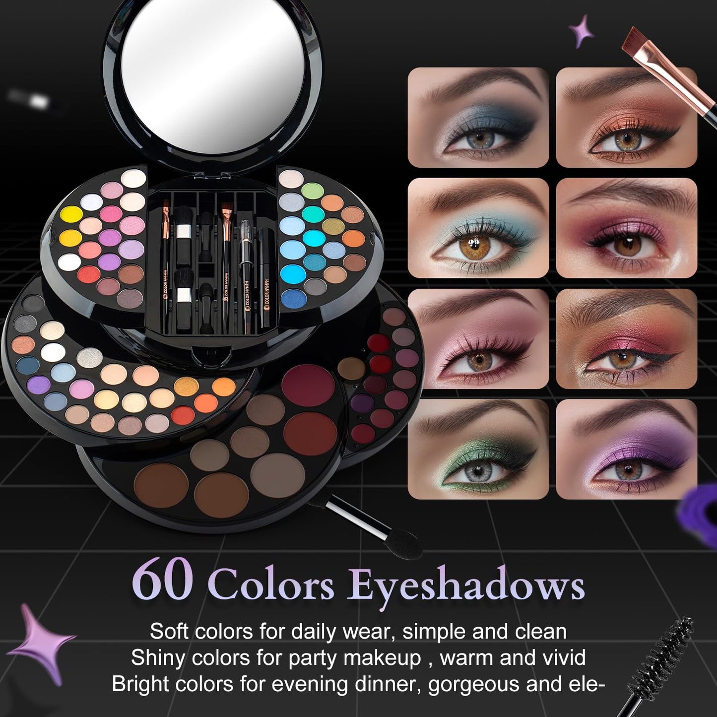 Color Nymph Makeup Kit For Teen Girls, Ball Case Full Kit Makeup Kit For Beginner Practice Professional Makeup Set with 60 colors eyeshadows, 11 colors lip glosses, Highlighter Bronzer Mascara etc