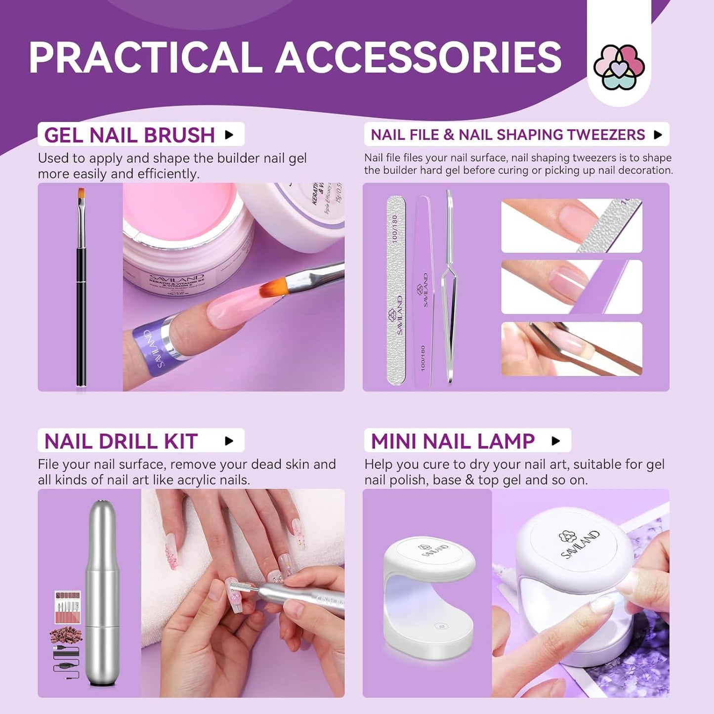 SAVILAND Builder Nail Gel Set with Nail Drill - 3 Pcs Hard Gels(VE&VB5&Kerain) Clear Pink Nudes Builder Nails Gel with Lamp Brush Nails Strengthener Gels for Extension Shaping DIY at Home Salon