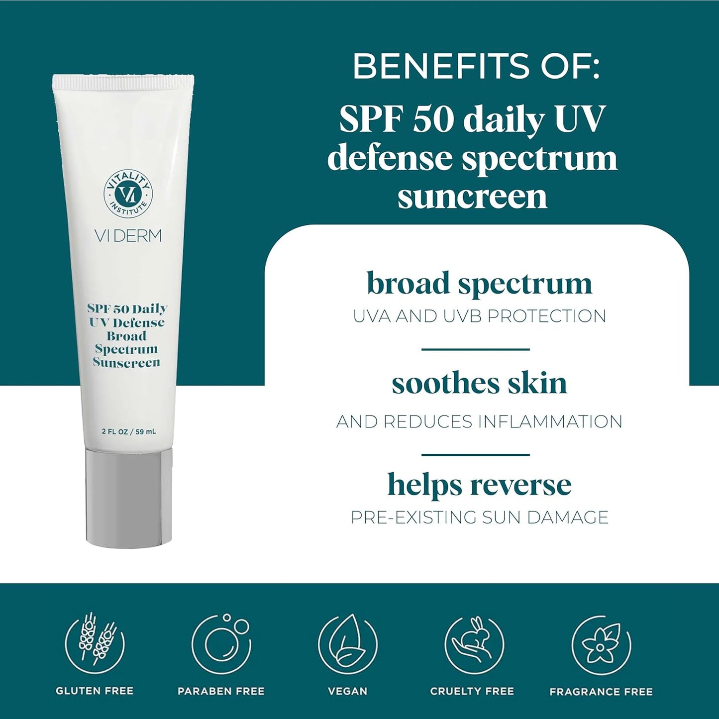 VI Derm SPF 50 Daily UV Defense Sunscreen - Broad Spectrum Sunblock for Face & Body - Lightweight, Oil-Free, Fast-Absorbing Skincare Protector - Clean, Non-Greasy Formula - Fragrance Free, 2 Fl Oz