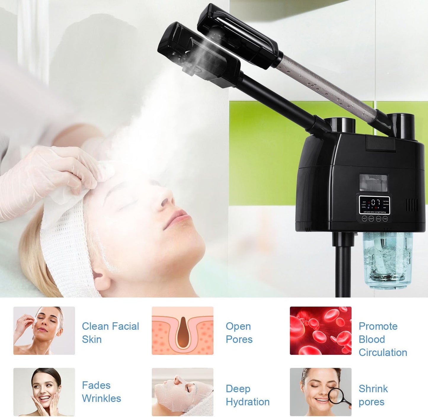 Professional Facial Steamer, 2 in 1 Facial Steamer, Esthetician Steamer with Hot&Cold Nozzle,Digital Face Steamer for Home Beauty Salon Spa