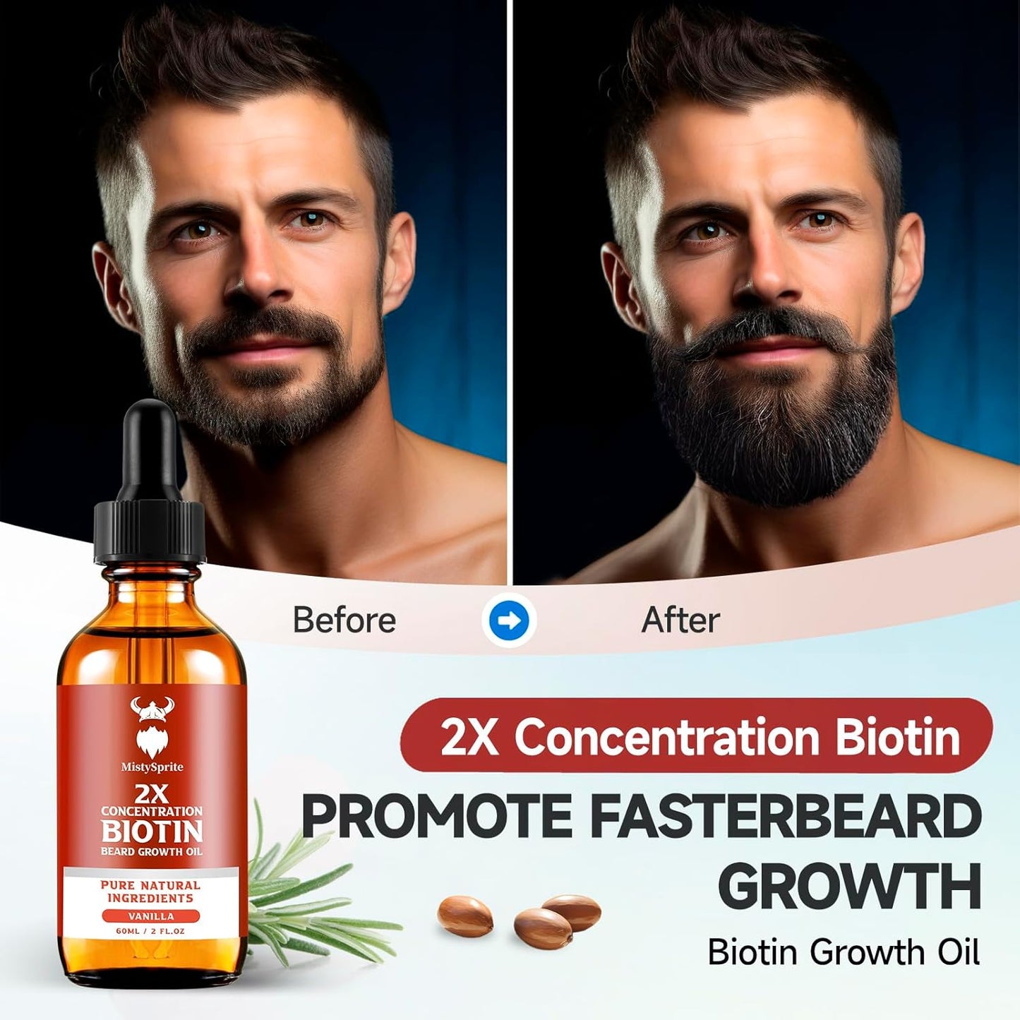 Beard Growth Oil - 2X Concentration Biotin for Men (2 oz) - Natural With Argan, Jojoba and Vitamin, Growth Softener, Moisturizer (Vanilla)