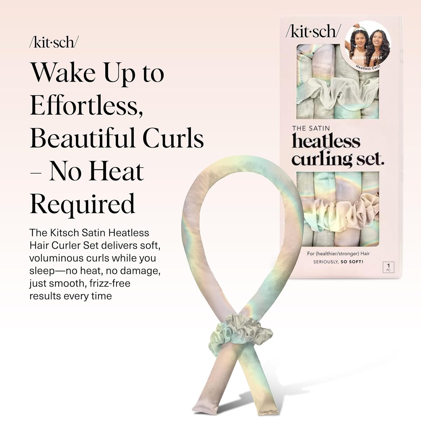 Kitsch Satin Heatless Hair Curler Set - Heatless Curls Overnight, Hair Rollers for Soft Curls & Frizz-Free Styling, No Heat Curlers To Sleep in, Curling Rod Headband with 2 Scrunchies - Aura