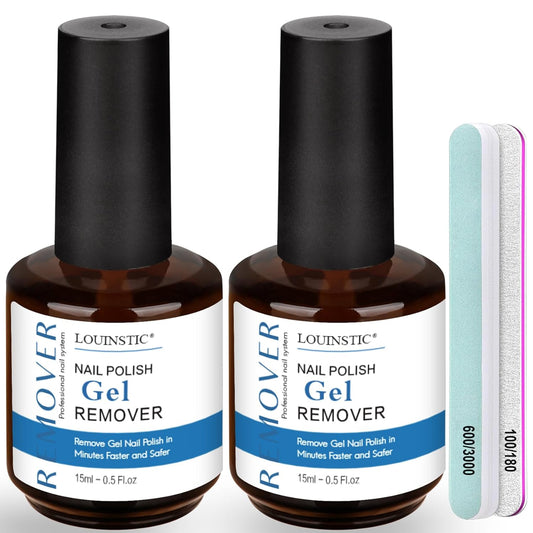 LOUINSTIC 2×15 ml Easy & Quick Gel Nail Remover Kit – Professional Gentle Acetone-Free Gel Polish Remover for Nails in 2–5 Minutes, No Soak or Foil, Includes Nail File – Home DIY Manicure & Travel
